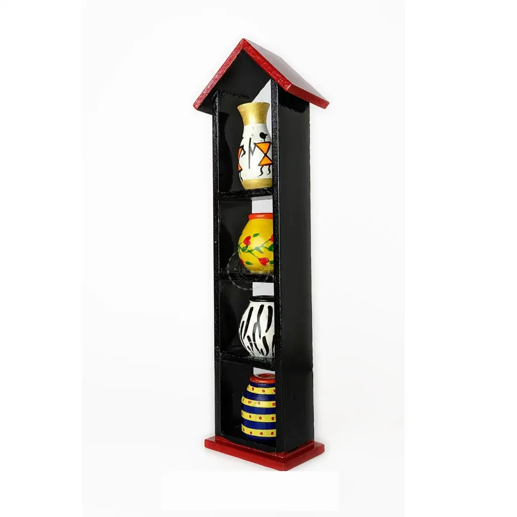 Wooden Pot House - 4 : Handcrafted in Channapatna with vibrant Warli Paint (12 Inch)